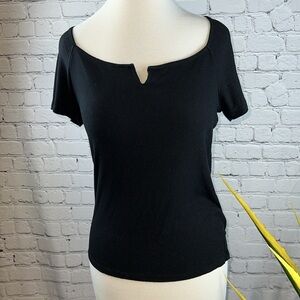 BEBE Black Ribbed T Shirt Y2K Swarovski Crystal Logo Short Sleeve Top L